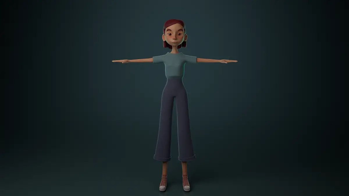 Personaje cartoon de una chica de pelo corto rojo en pose en T, camiseta verde y pantalón ancho, de Fernanda Urteaga, alumna de 3D · Modelado y Animación en TRAZOS