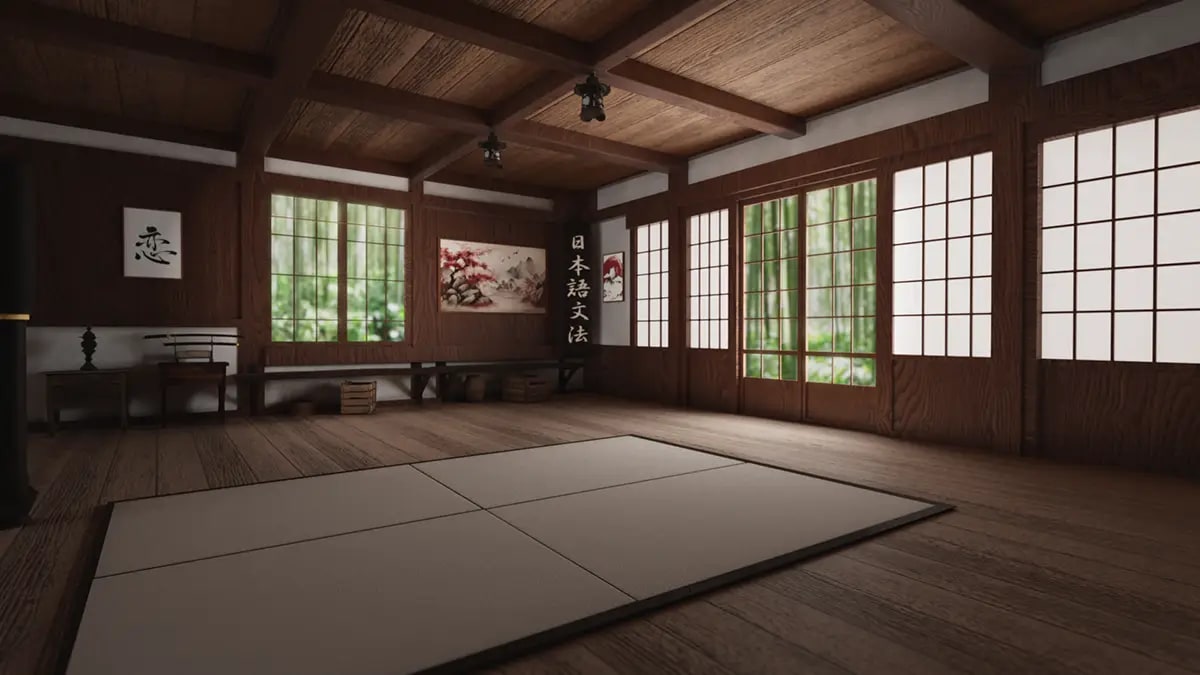 Otro ángulo de la sala japonesa tradicional con tatami y paneles shoji, de Ander Gaztelu, alumno/a de 3D · Modelado y Animación en TRAZOS