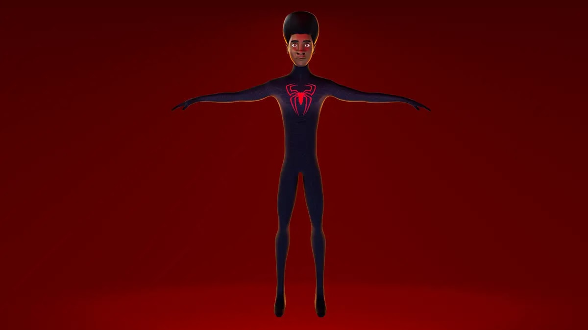 Personaje superhéroe con traje oscuro y emblema rojo de araña en pose de modelado, de Ander Gaztelu, alumno/a de 3D · Modelado y Animación en TRAZOS