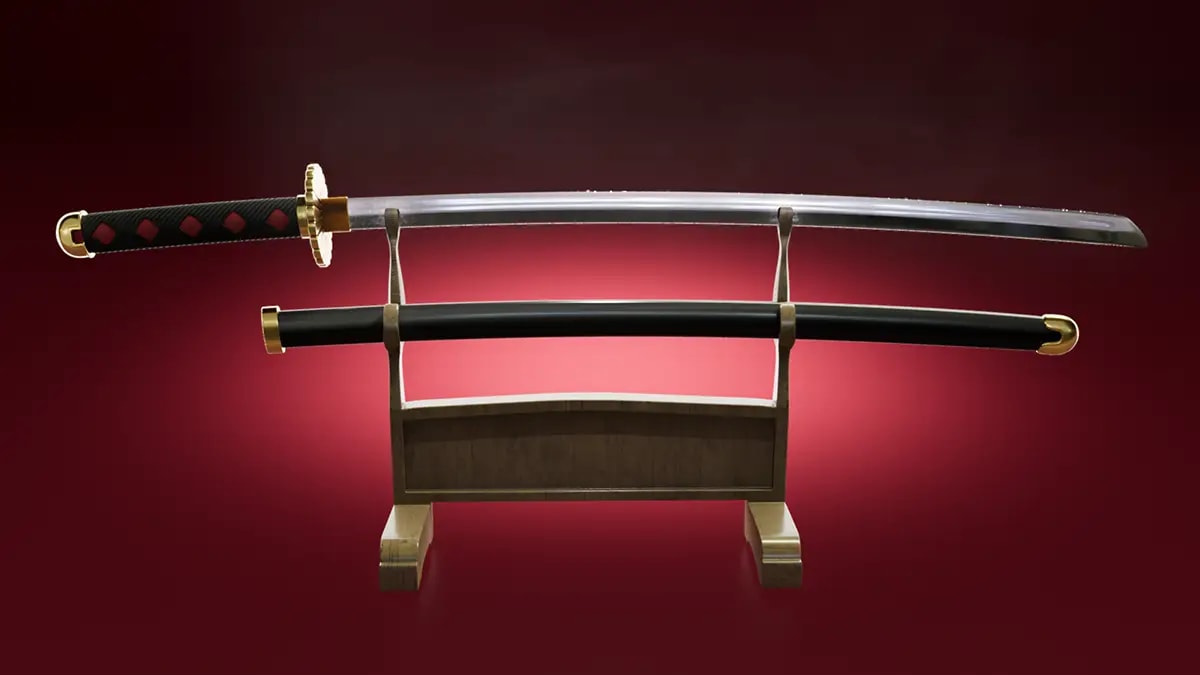 Katana y su funda sobre un soporte de exposición, de Ander Gaztelu, alumno/a de 3D · Modelado y Animación en TRAZOS