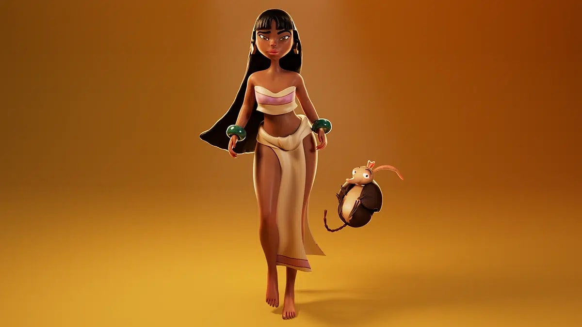 Chica egipcia 3D de cuerpo entero acompañada de un pequeño escarabajo, de Marina Sánchez Millán, alumna de Concept Art en TRAZOS