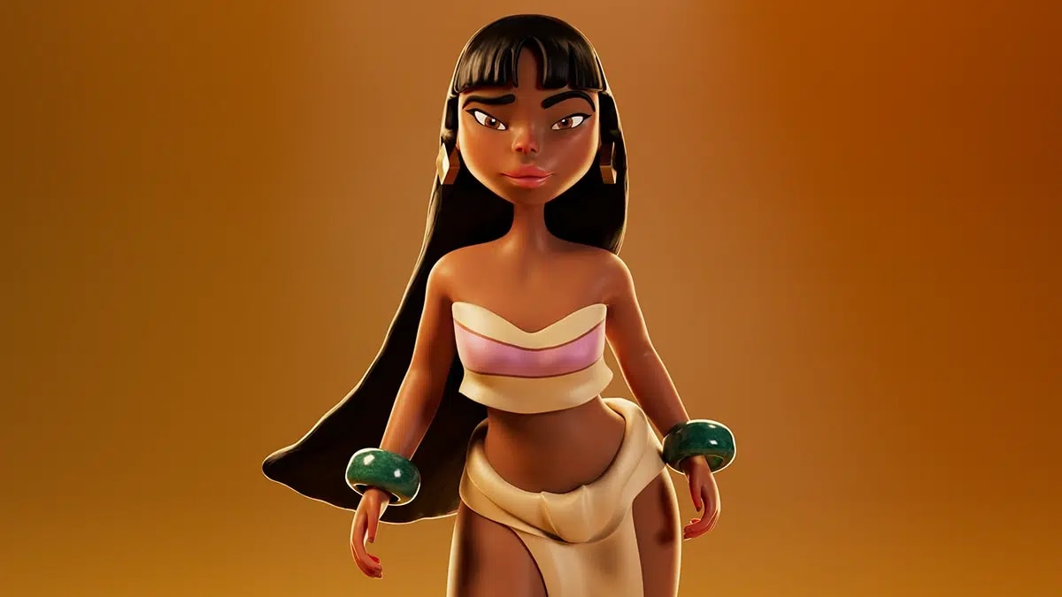 Retrato de medio cuerpo de la chica egipcia 3D estilizada con brazaletes verdes, de Marina Sánchez Millán, alumna de Concept Art en TRAZOS