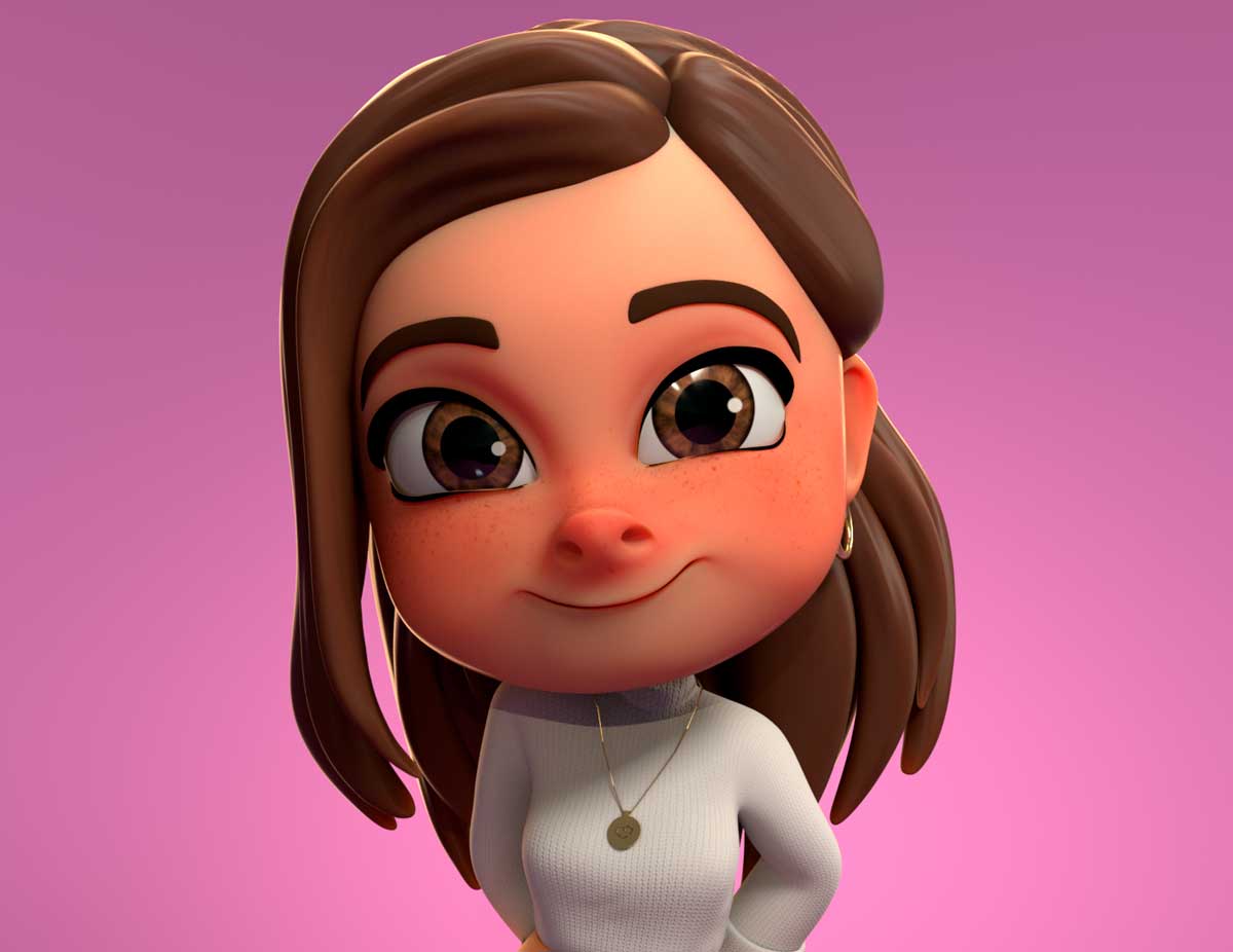 Retrato del personaje chibi femenino sonriente sobre fondo rosa, de Elena Gómez, alumna de 3D · Modelado y Animación en TRAZOS