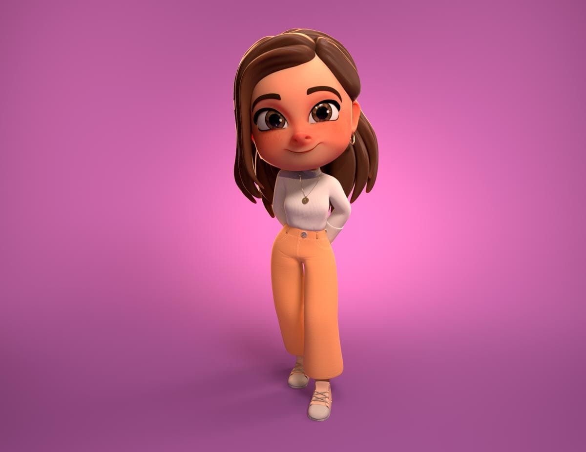 Personaje chibi femenino a cuerpo entero sonriendo sobre fondo rosa, de Elena Gómez, alumna de 3D · Modelado y Animación en TRAZOS