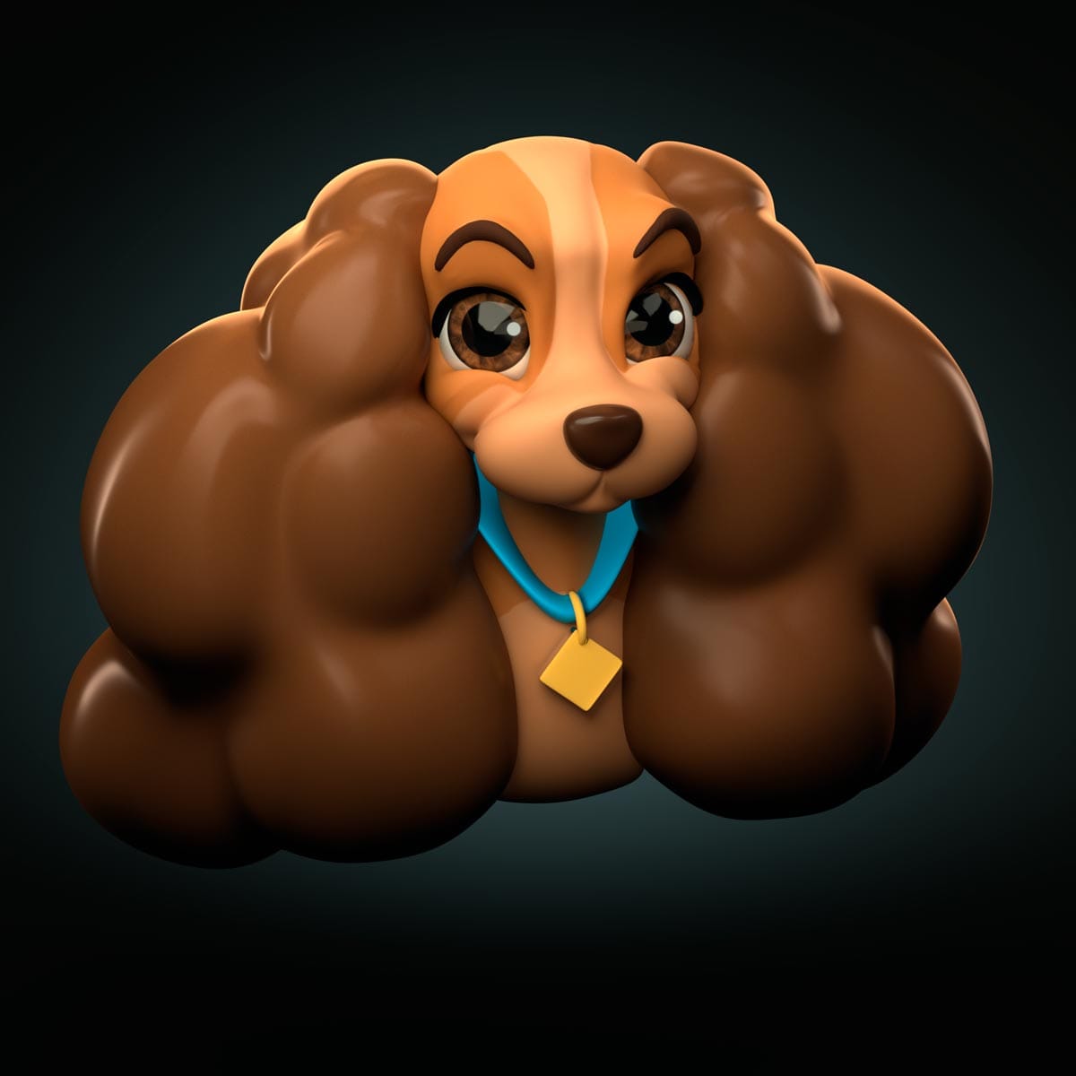 Cabeza de perro cocker spaniel cartoon con collar azul, de Elena Gómez, alumna de 3D · Modelado y Animación en TRAZOS