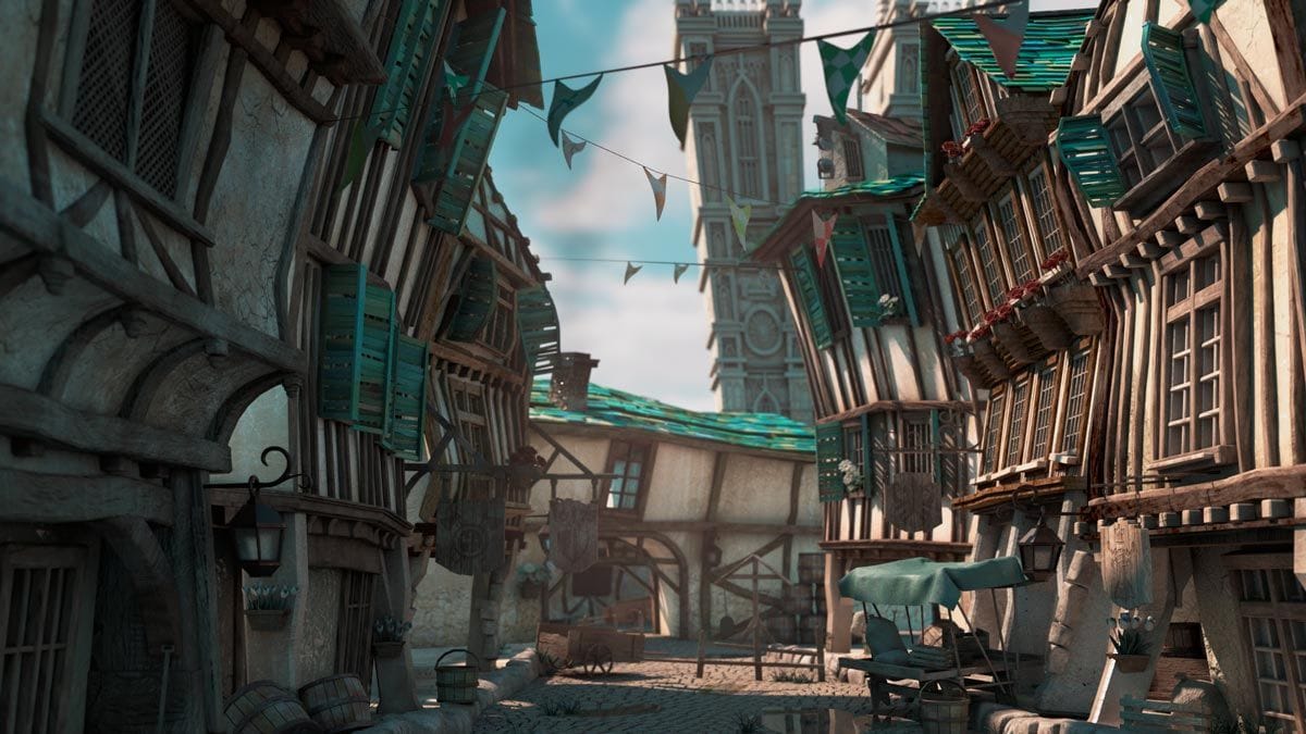 Calle de un pueblo medieval con casas de entramado de madera y banderines, de Elena Gómez, alumna de 3D · Modelado y Animación en TRAZOS