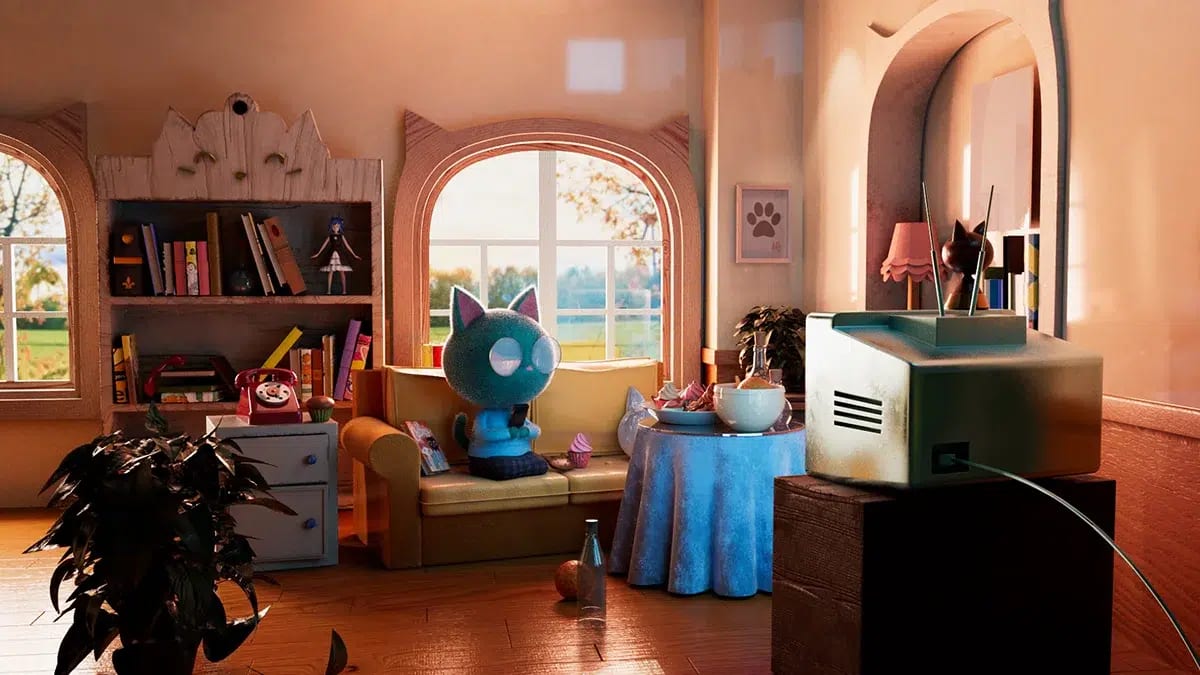 Plano amplio del salón acogedor con el personaje gato azul en el sofá, estantería y televisión antigua, de Sofía Girol Avilés, alumna de 3D · Modelado y Animación en TRAZOS