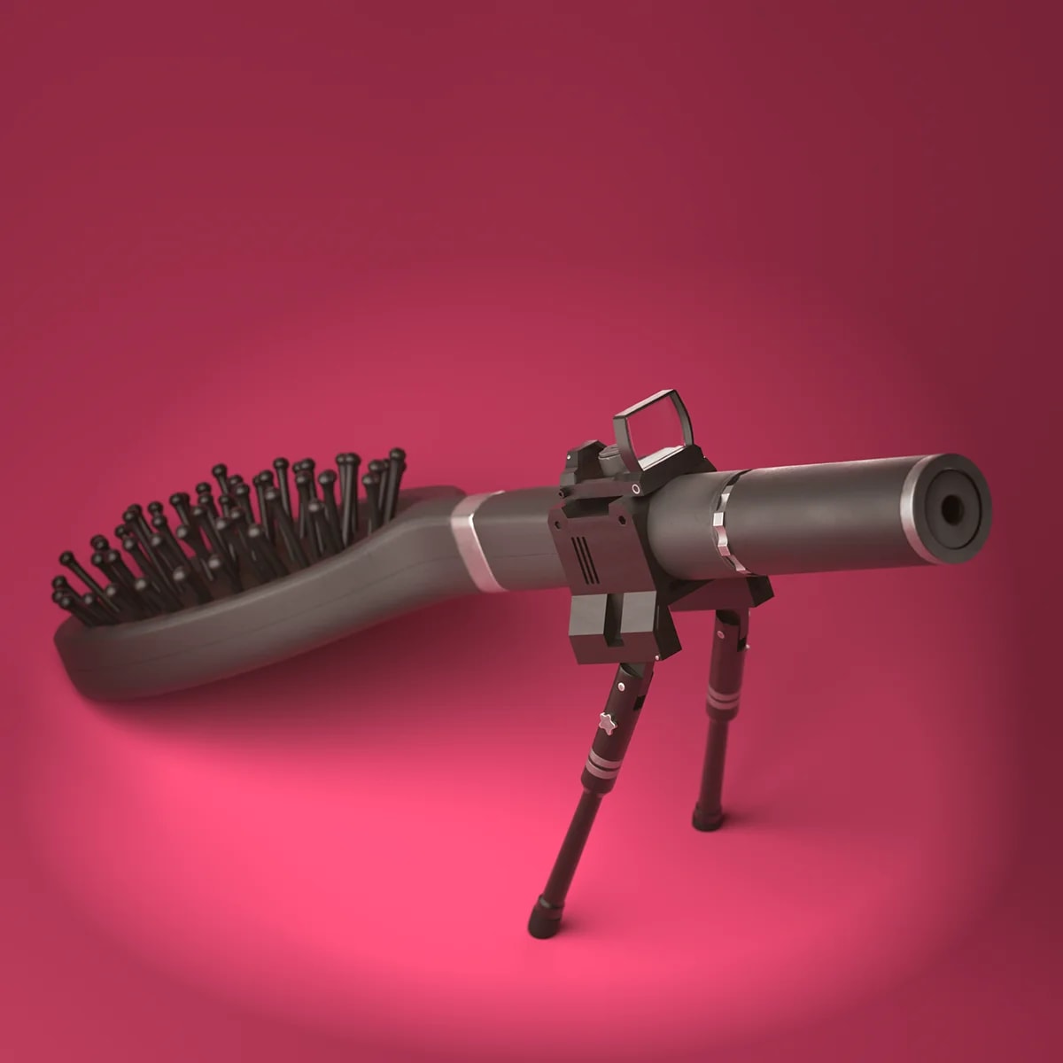 Detalle del cepillo de pelo convertido en rifle con mira réflex y bípode sobre fondo rosa, de Carlos Daniel Gres Hermosillo, alumno de 3D · Modelado y Animación en TRAZOS