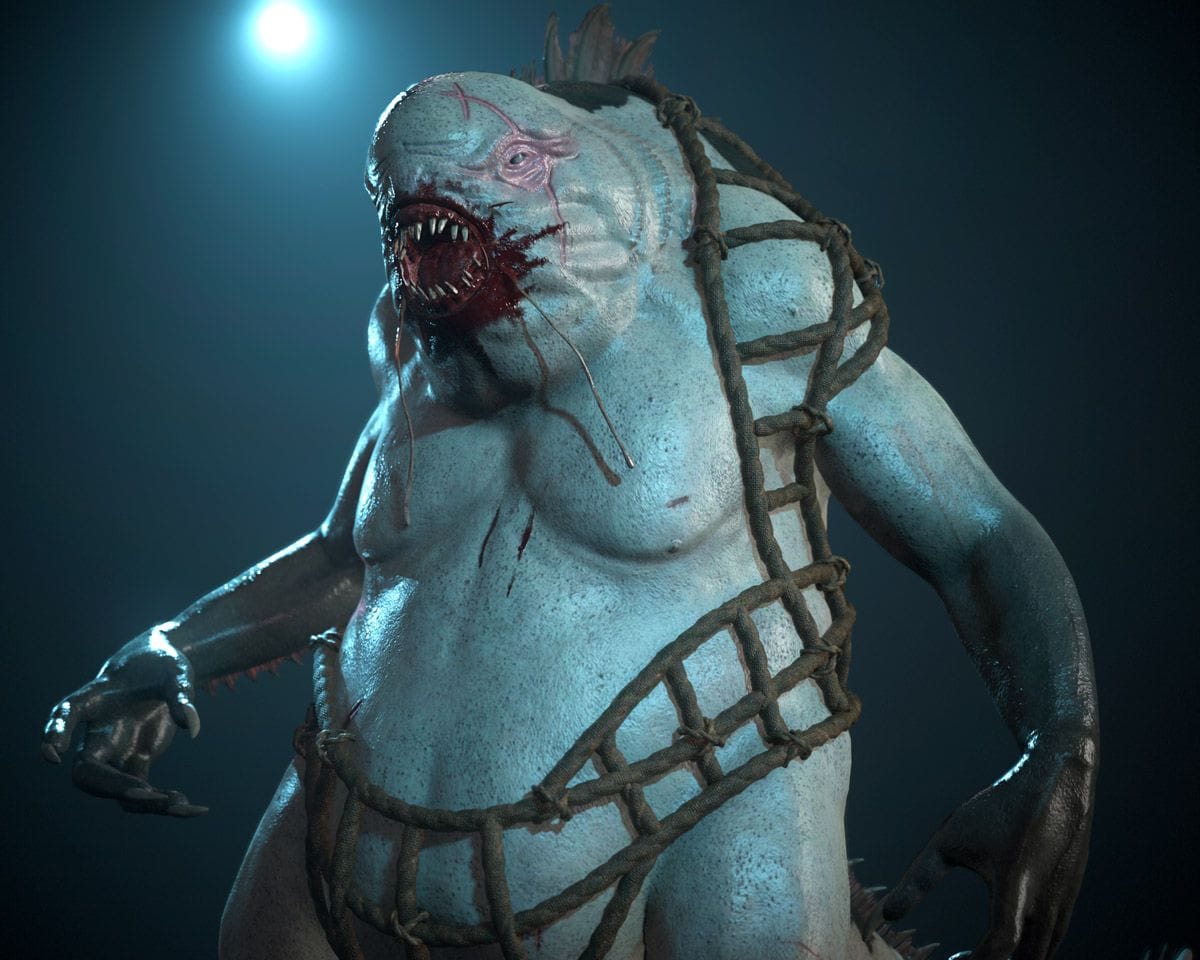 Busto frontal de la criatura marina azulada con fauces dentadas iluminada en azul, de Roberto Ye, alumno de 3D · Modelado y Animación en TRAZOS