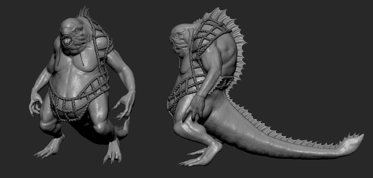 Escultura digital en gris de la criatura marina con cola espinosa, vista frontal y de perfil, de Roberto Ye, alumno de 3D · Modelado y Animación en TRAZOS