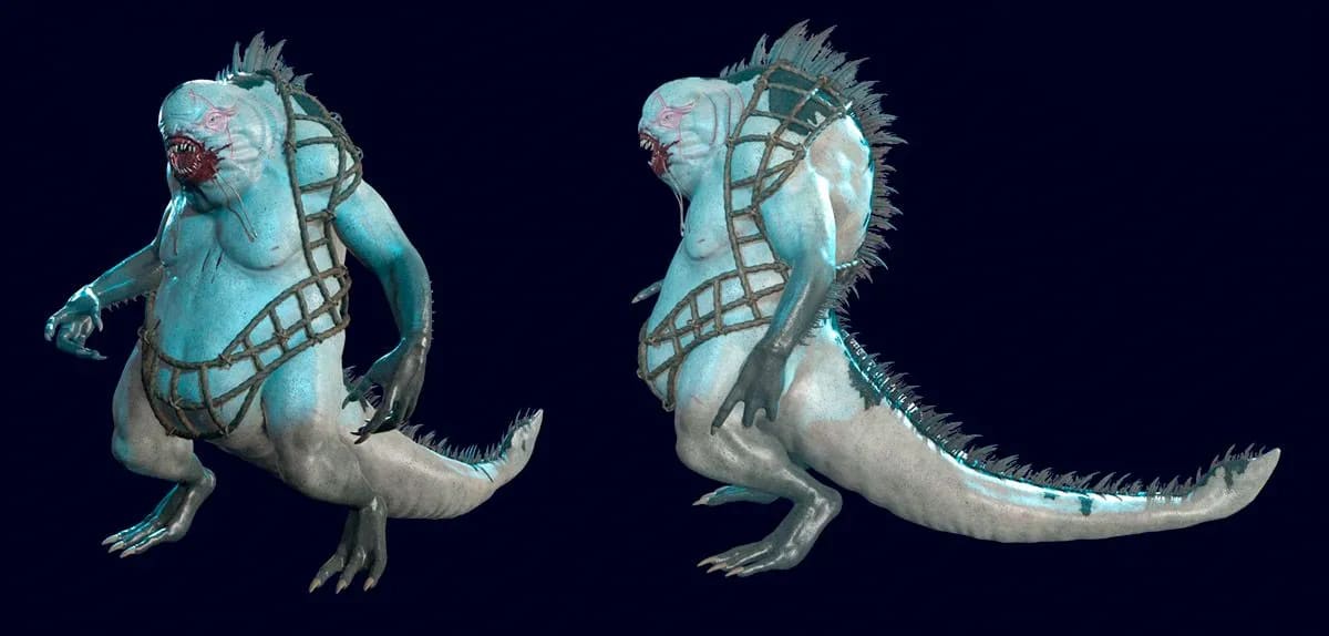Criatura marina texturizada a cuerpo entero con cola espinosa, vista frontal y de perfil, de Roberto Ye, alumno de 3D · Modelado y Animación en TRAZOS
