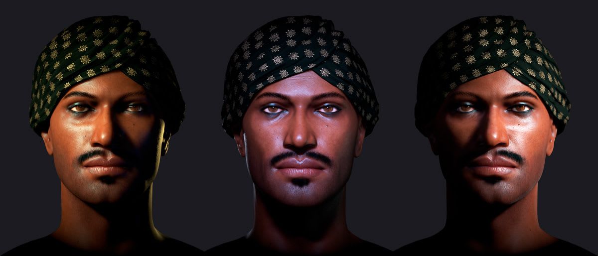 Vistas frontal y de perfil del busto 3D del hombre con turbante de estampado dorado, de Nabila El Haitout, alumna de Concept Art en TRAZOS