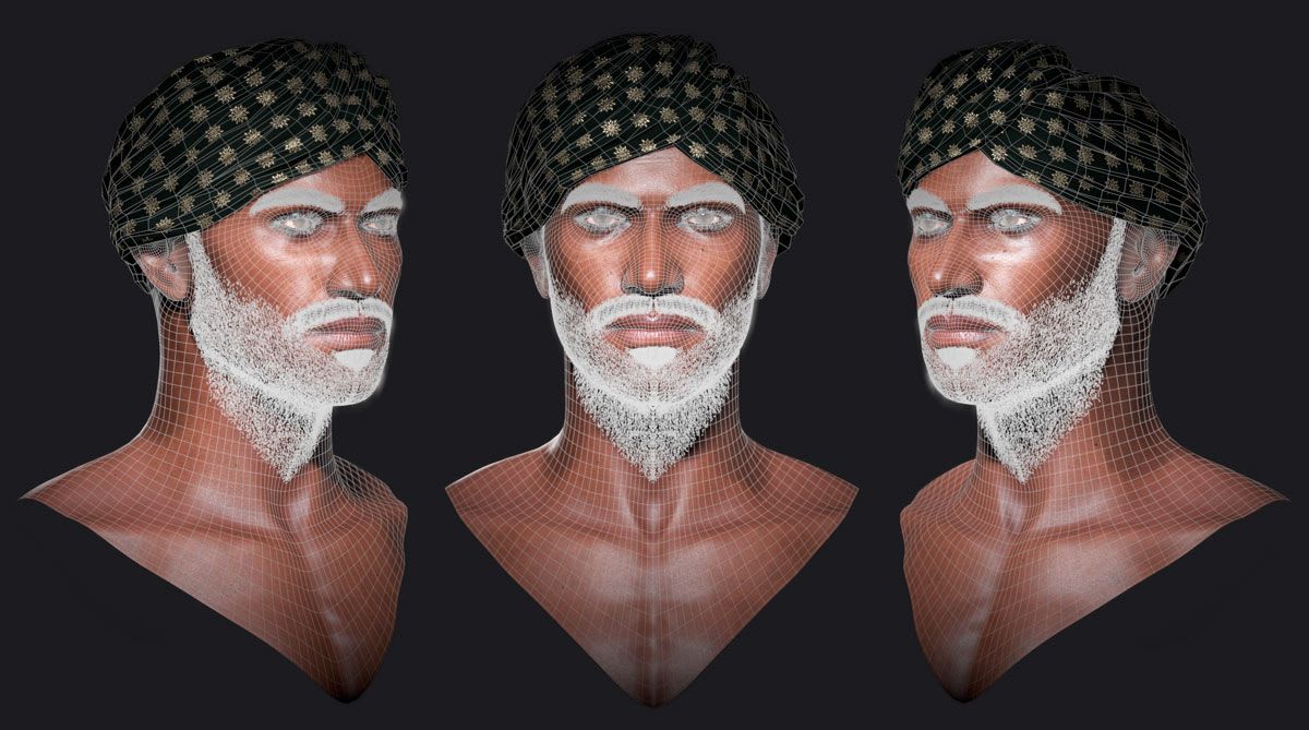 Estudio de iluminación del busto 3D del hombre con turbante en tres encuadres frontales, de Nabila El Haitout, alumna de Concept Art en TRAZOS