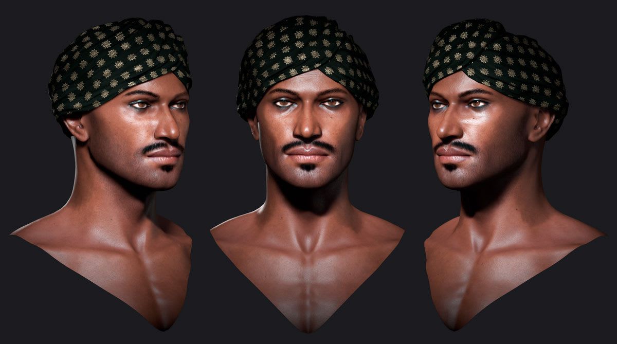 Busto 3D del hombre con turbante mostrando la malla wireframe de la topología, de Nabila El Haitout, alumna de Concept Art en TRAZOS