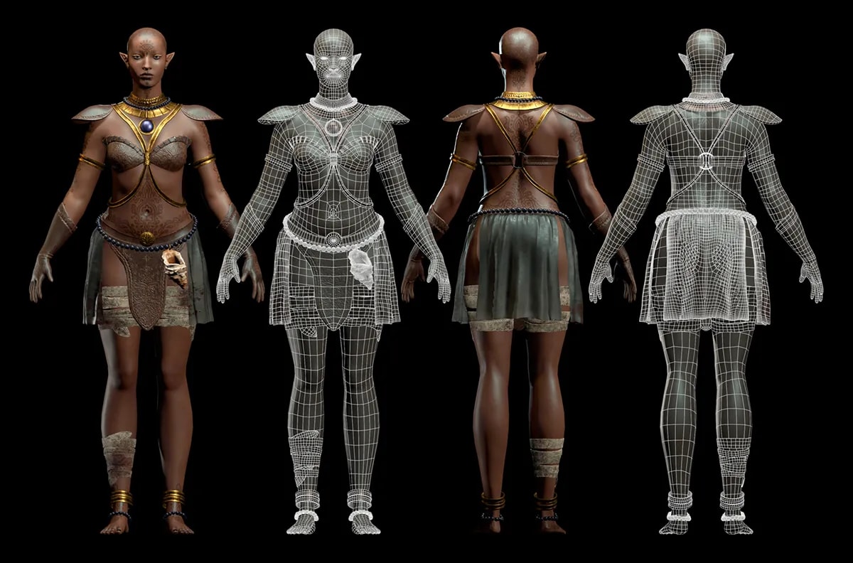 Vistas de giro de cuerpo entero de la guerrera con ornamentos dorados, con render y malla wireframe, de Nabila El Haitout, alumna de Concept Art en TRAZOS