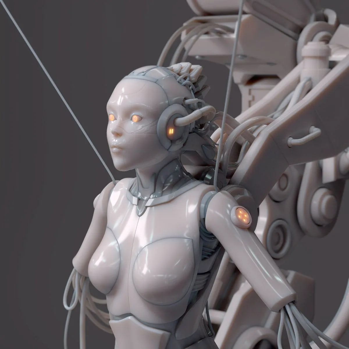 Androide femenina con cables y ojos luminosos en vista de tres cuartos, de Santi Bonet, alumno de 3D · Modelado y Animación en TRAZOS