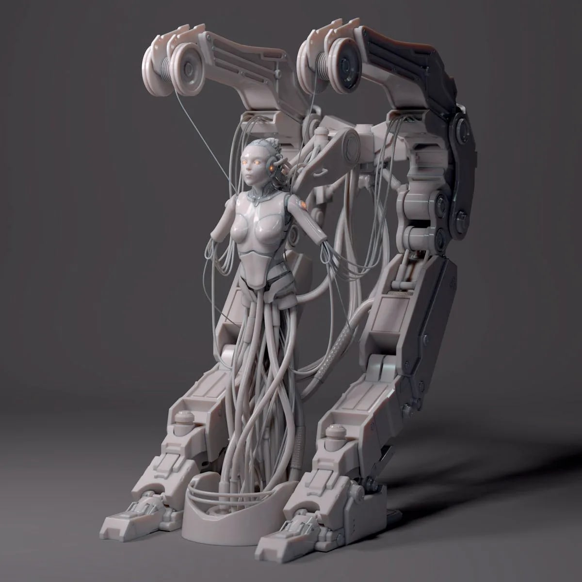 Androide femenina conectada por cables a un gran exoesqueleto mecánico a cuerpo entero, de Santi Bonet, alumno de 3D · Modelado y Animación en TRAZOS