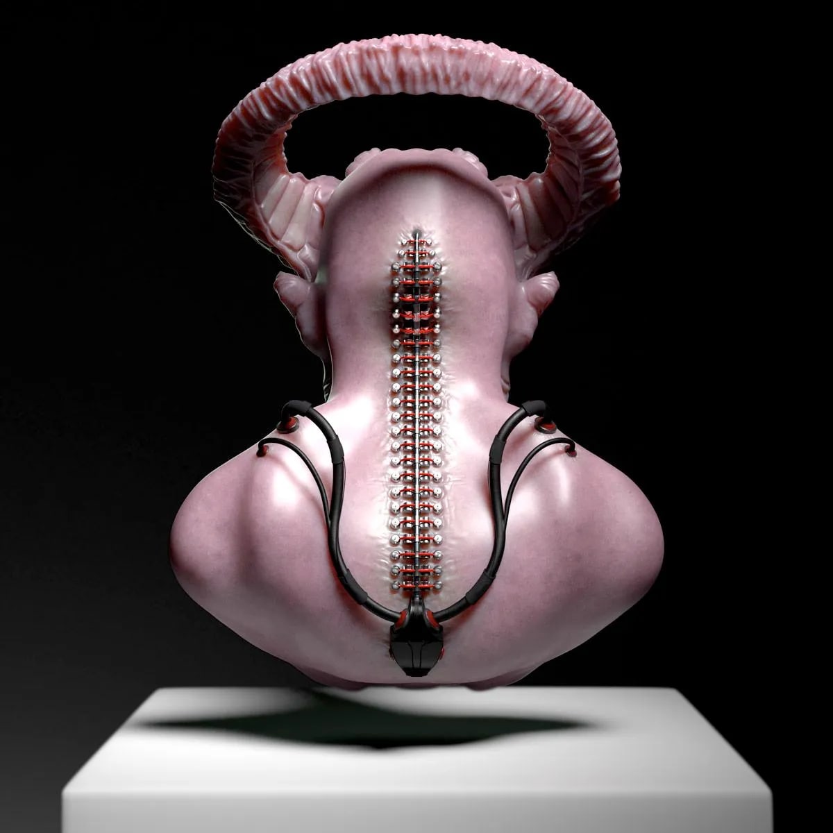 Busto de criatura con cuernos y columna mecanizada visto por la espalda, de Santi Bonet, alumno de 3D · Modelado y Animación en TRAZOS