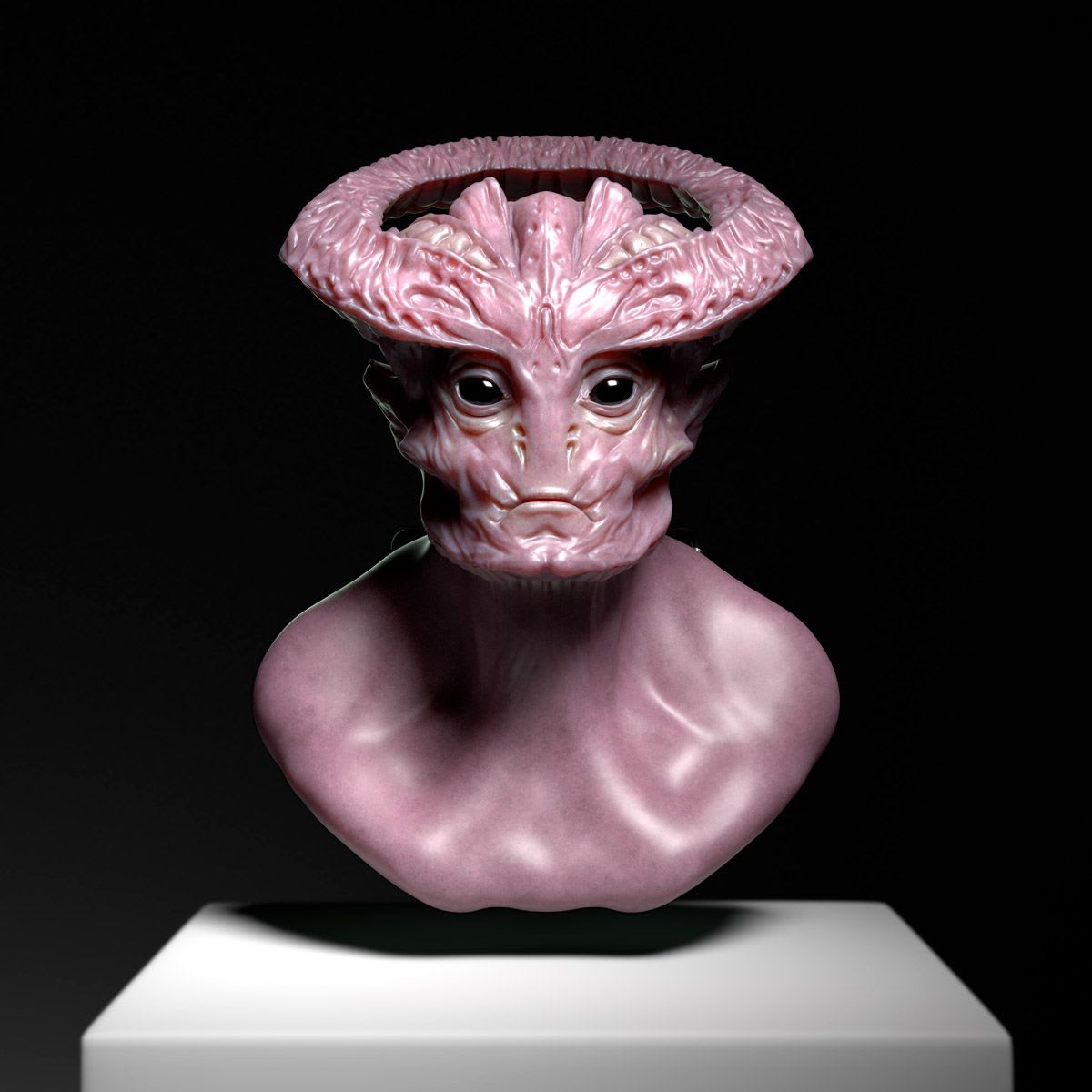 Busto de criatura alienígena rosada con cuernos visto de frente, de Santi Bonet, alumno de 3D · Modelado y Animación en TRAZOS