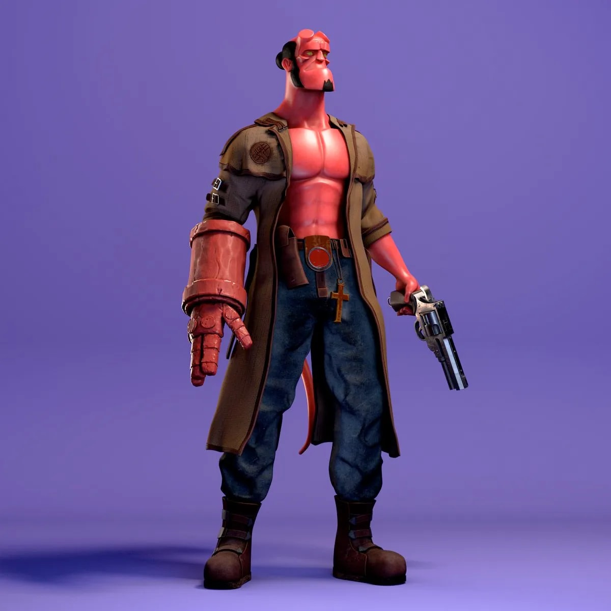 Personaje estilo Hellboy con gabardina, mano de piedra y revólver, de Santi Bonet, alumno de 3D · Modelado y Animación en TRAZOS