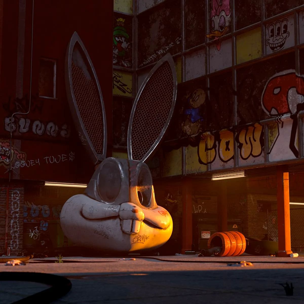 Escultura gigante de cabeza de conejo cartoon en un entorno urbano lleno de grafiti, de Santi Bonet, alumno de 3D · Modelado y Animación en TRAZOS