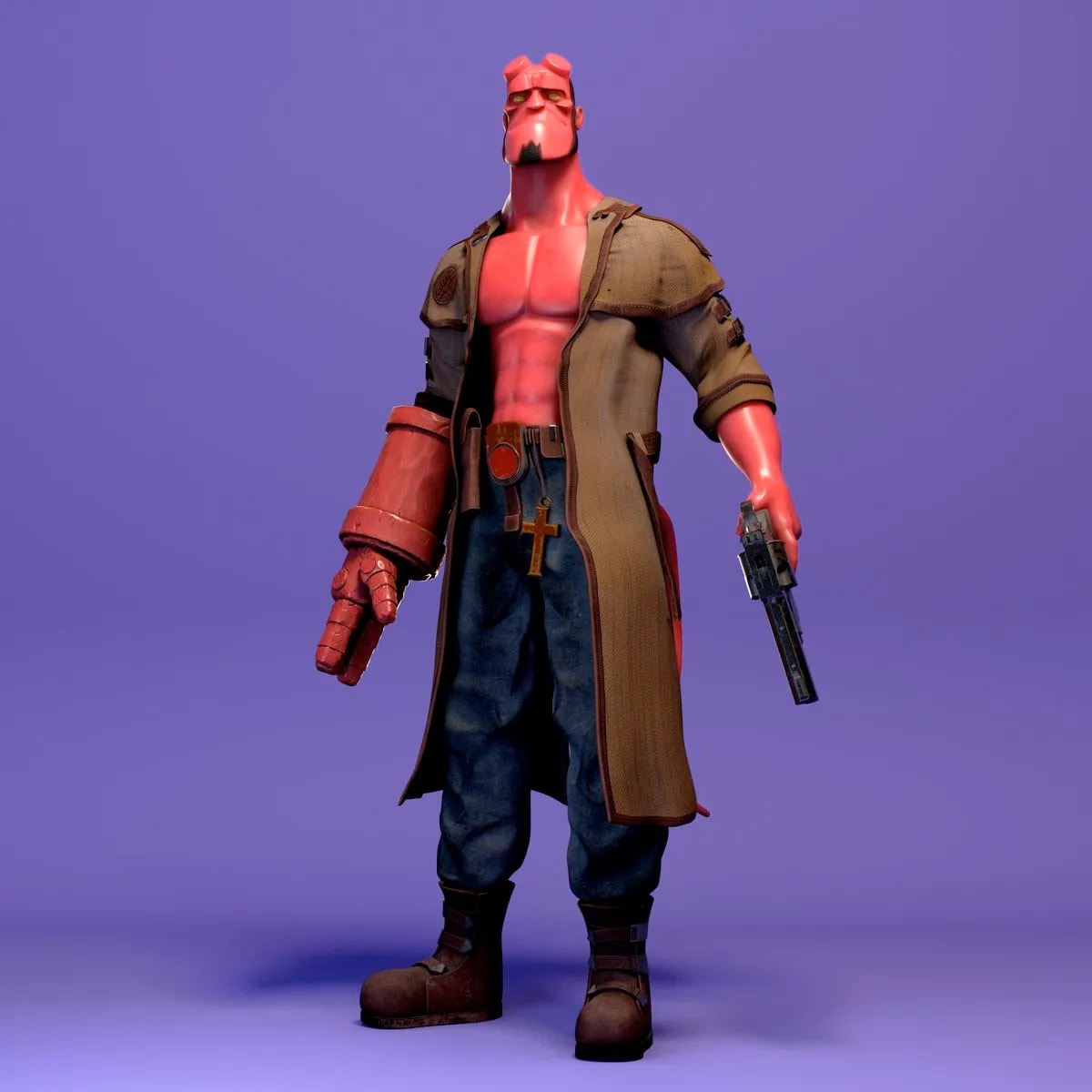 Personaje estilo Hellboy a cuerpo entero con revólver sobre fondo morado, de Santi Bonet, alumno de 3D · Modelado y Animación en TRAZOS