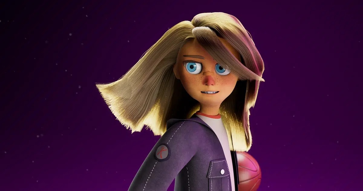 Busto de personaje femenino rubia con un balón de baloncesto sobre fondo morado, de Lei Yi Lin Chen, alumno de 3D · Modelado y Animación en TRAZOS