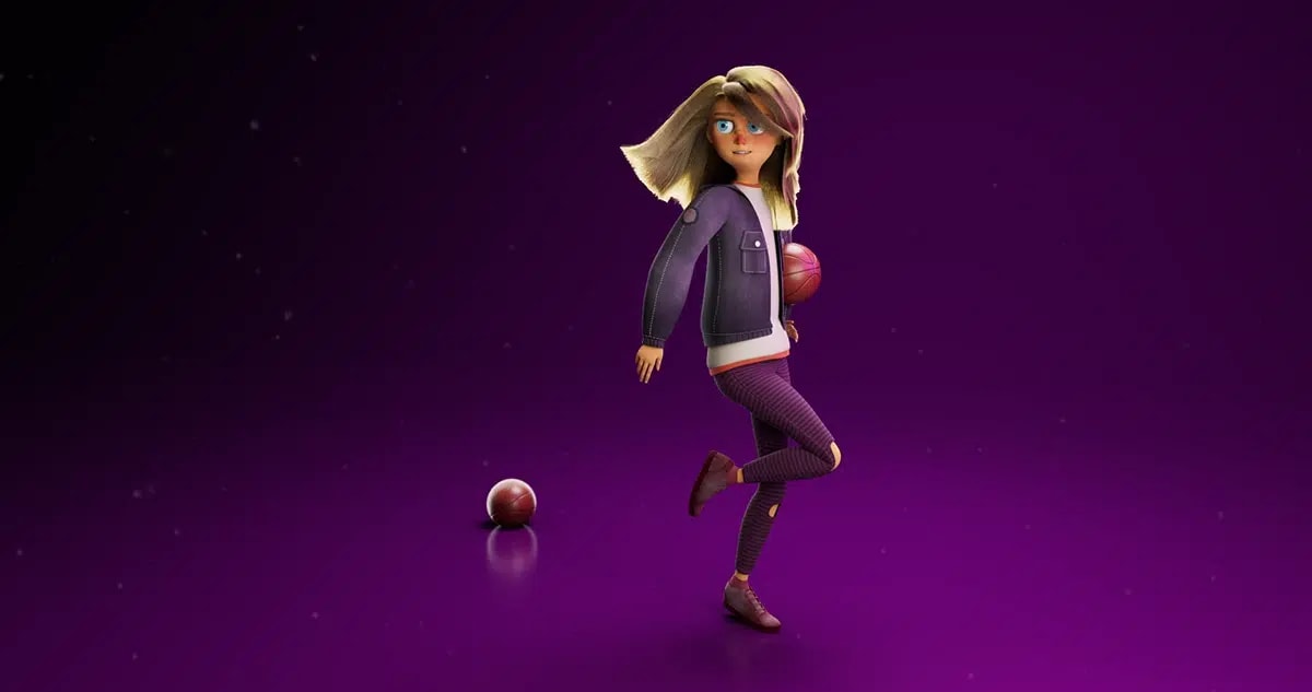 Personaje femenino rubia con balón de baloncesto a cuerpo entero sobre fondo morado, de Lei Yi Lin Chen, alumno de 3D · Modelado y Animación en TRAZOS