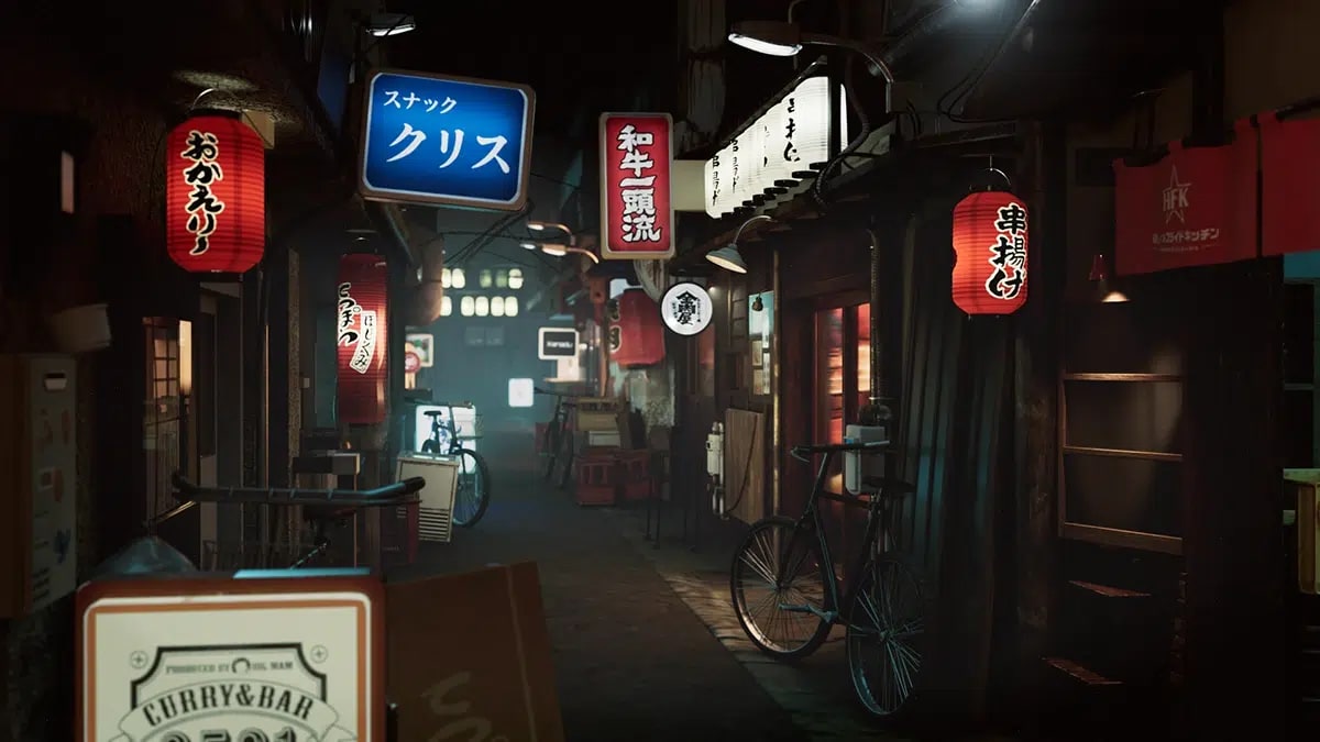 Callejón japonés nocturno con farolillos rojos y rótulos luminosos, de Lei Yi Lin Chen, alumno de 3D · Modelado y Animación en TRAZOS