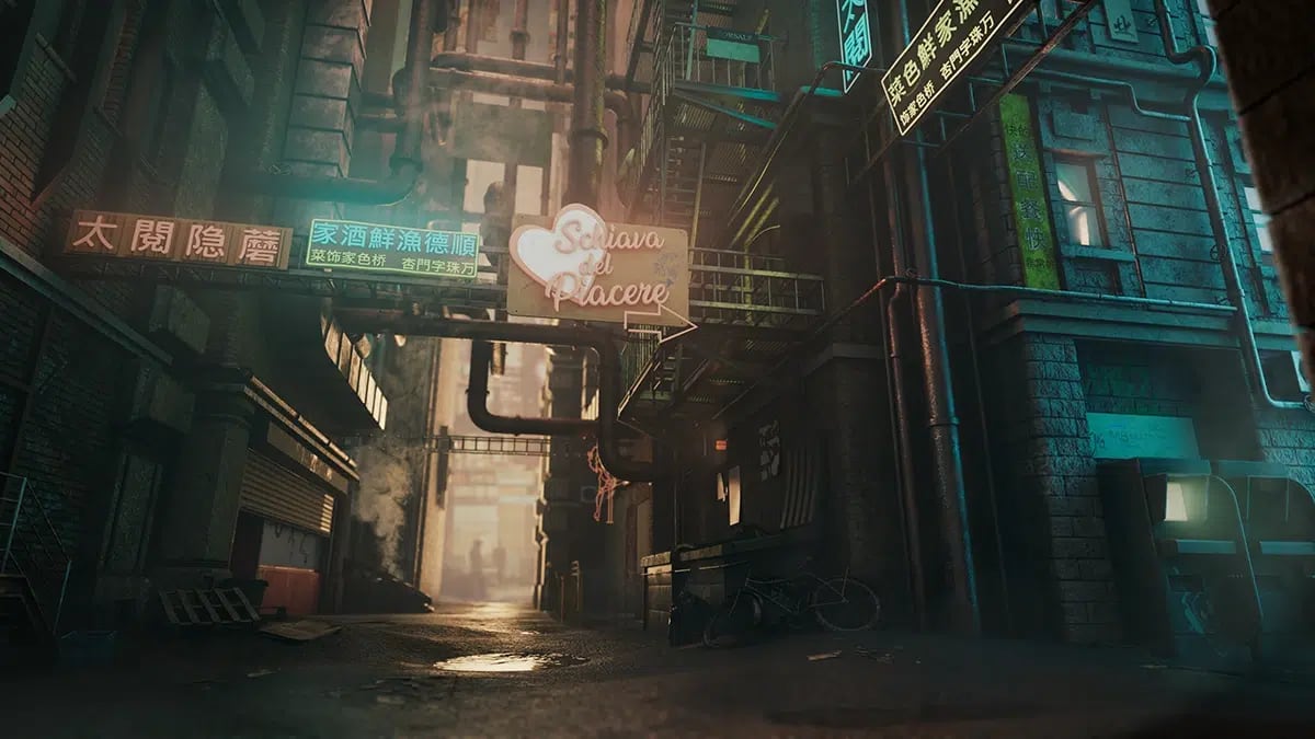 Callejón cyberpunk con carteles de neón y rótulos en chino, de Diego Vargas Vargas, alumno de 3D · Modelado y Animación en TRAZOS