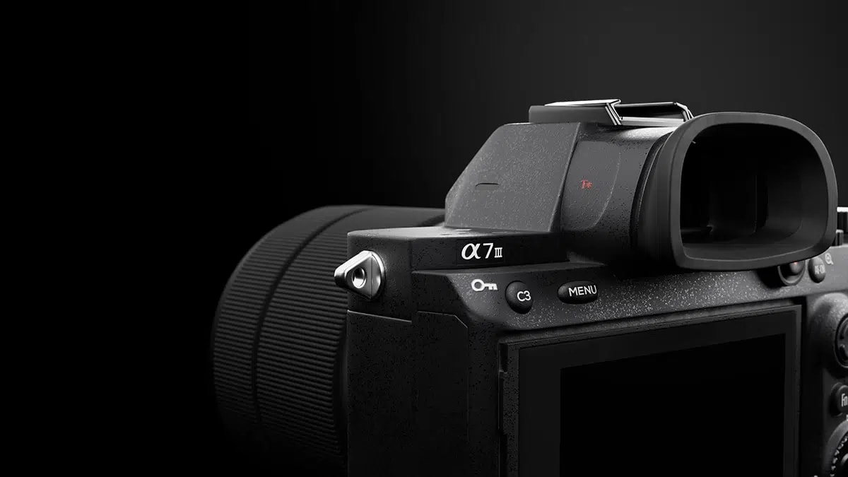 Render de una cámara Sony Alpha 7 III de perfil con objetivo sobre fondo negro, de Diego Vargas Vargas, alumno de 3D · Modelado y Animación en TRAZOS