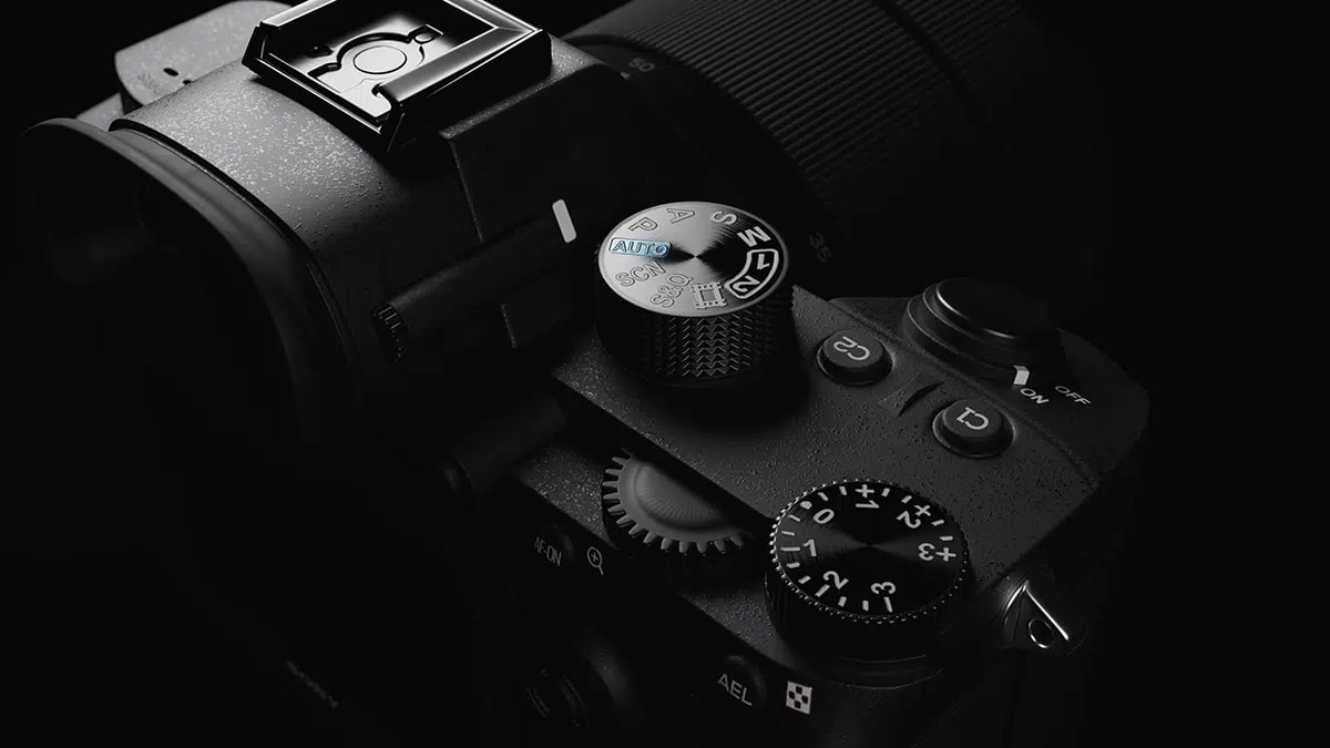 Render cenital de los diales superiores de una cámara Sony Alpha sobre fondo negro, de Diego Vargas Vargas, alumno de 3D · Modelado y Animación en TRAZOS