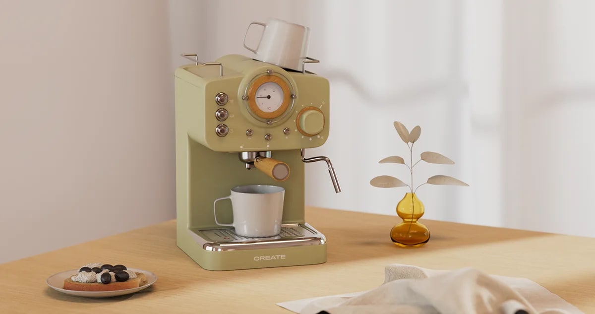 Cafetera espresso retro verde sobre una mesa con plato y jarrón junto a una ventana, del proyecto Portfolio David Cruces, de 3D · Modelado y Animación en TRAZOS