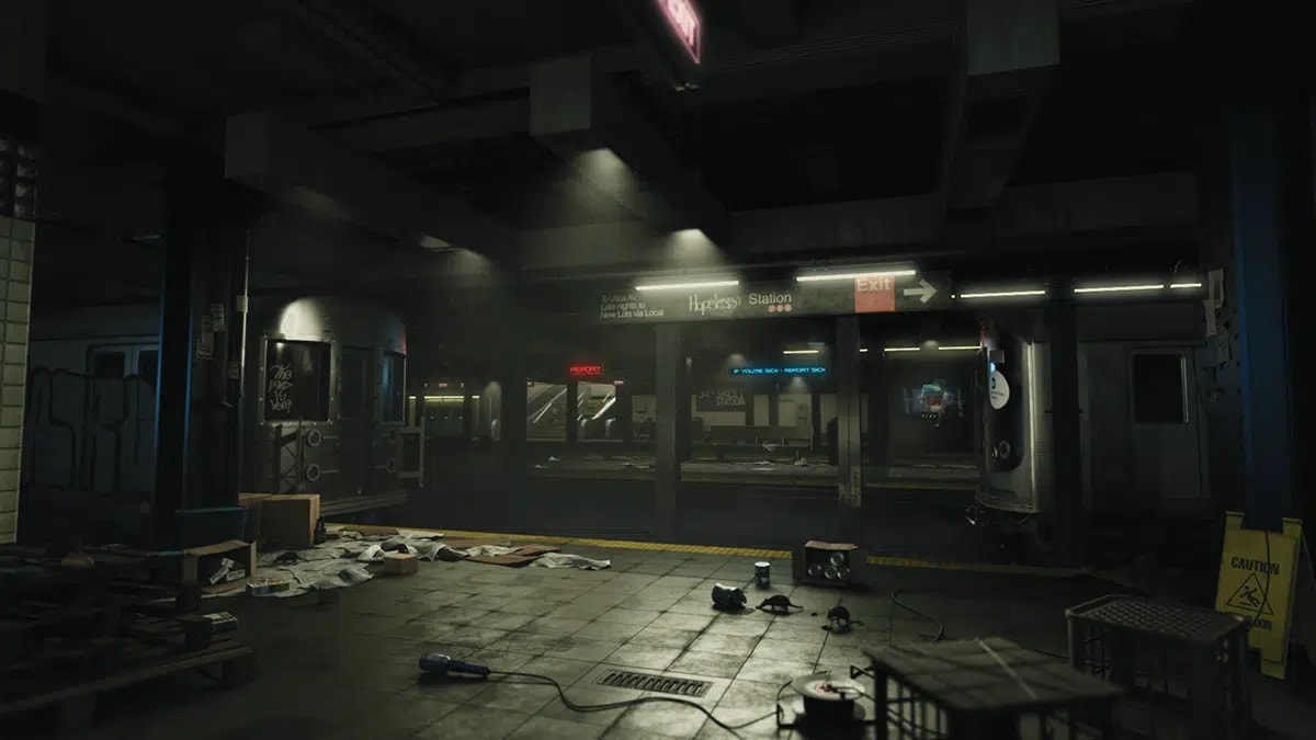 Estación de metro abandonada y oscura con carteles y basura en el andén, del proyecto Portfolio David Cruces, de 3D · Modelado y Animación en TRAZOS