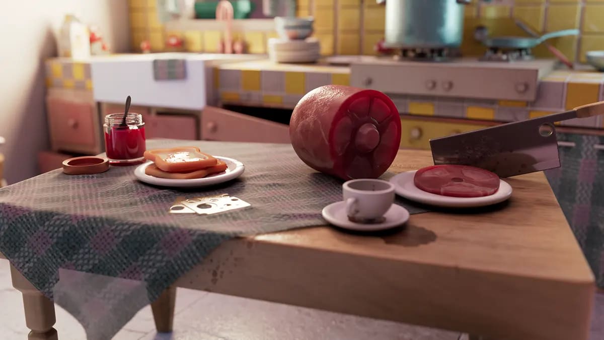 Plano amplio de la mesa de desayuno en la cocina estilizada, de Alba de la Fuente Orozco, alumno/a de 3D · Modelado y Animación en TRAZOS