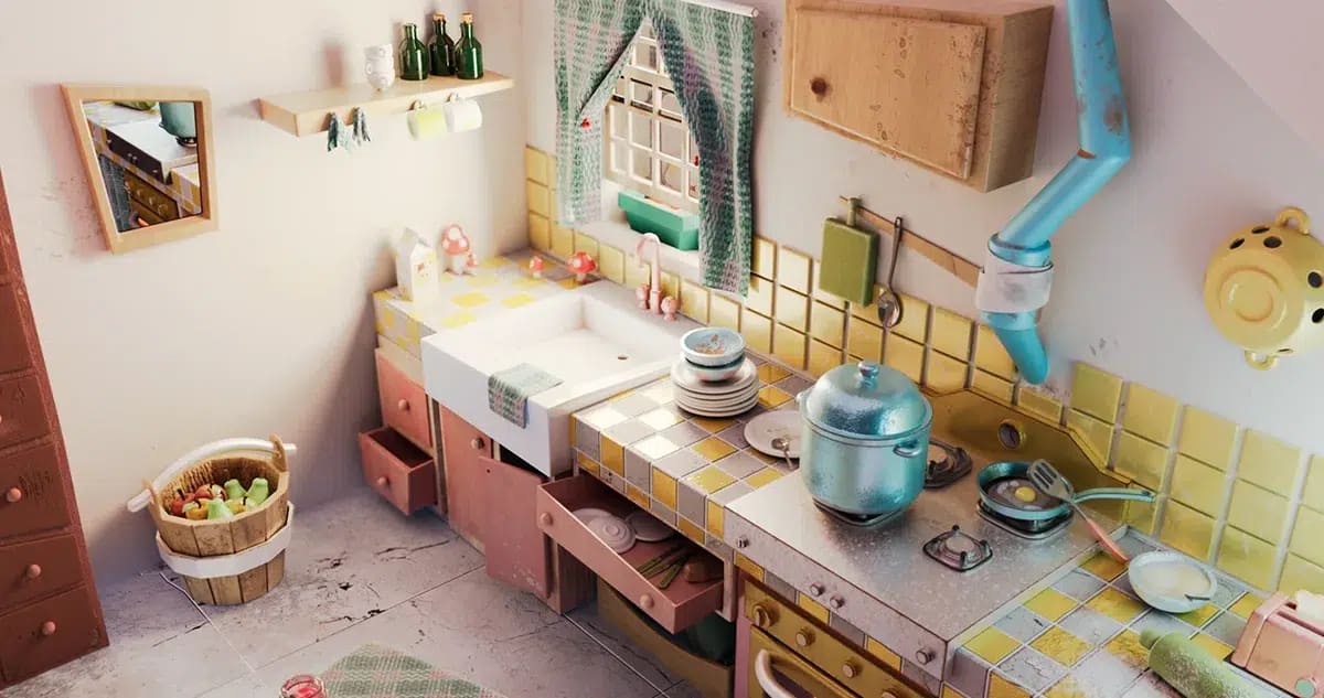 Rincón de fregadero y fogón en una cocina estilizada de cuento, de Alba de la Fuente Orozco, alumno/a de 3D · Modelado y Animación en TRAZOS