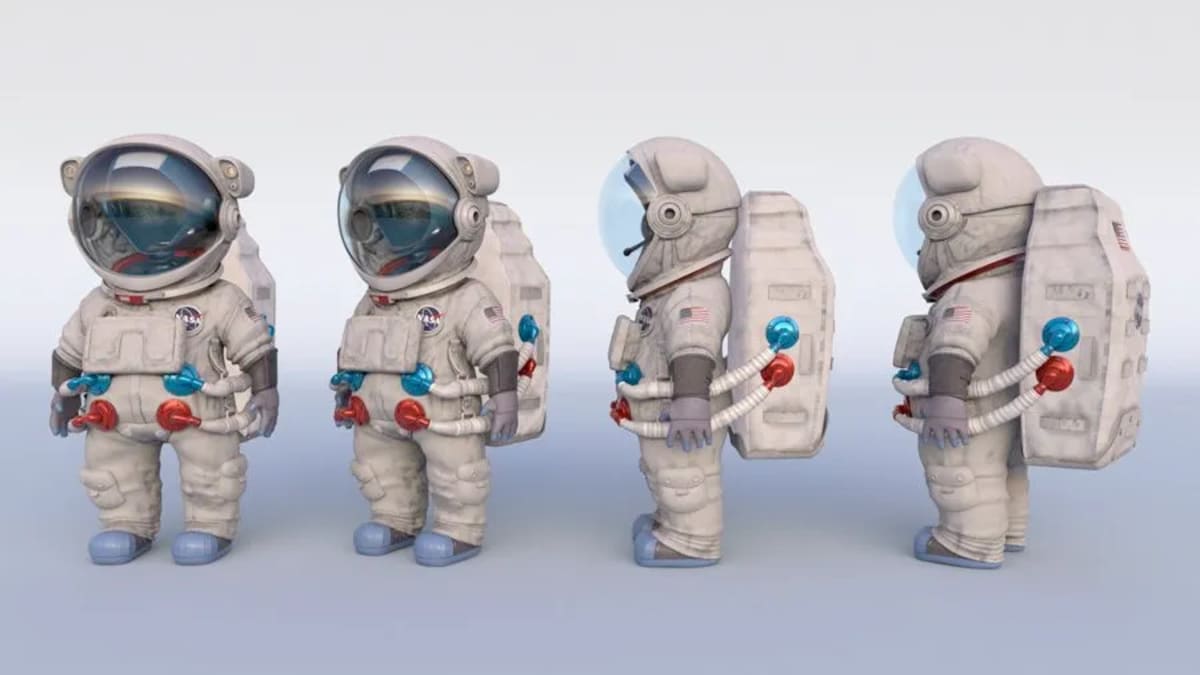 Vistas de giro del astronauta 3D con traje de la NASA, frontal, lateral y trasera, de Claudia Hormaechea, alumna de Concept Art en TRAZOS