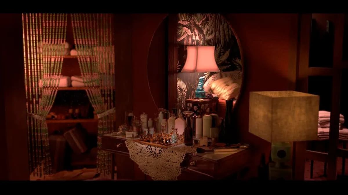 Escena 3D de un interior cálido con un tocador antiguo, frascos y una lámpara, de Claudia Hormaechea, alumna de Concept Art en TRAZOS