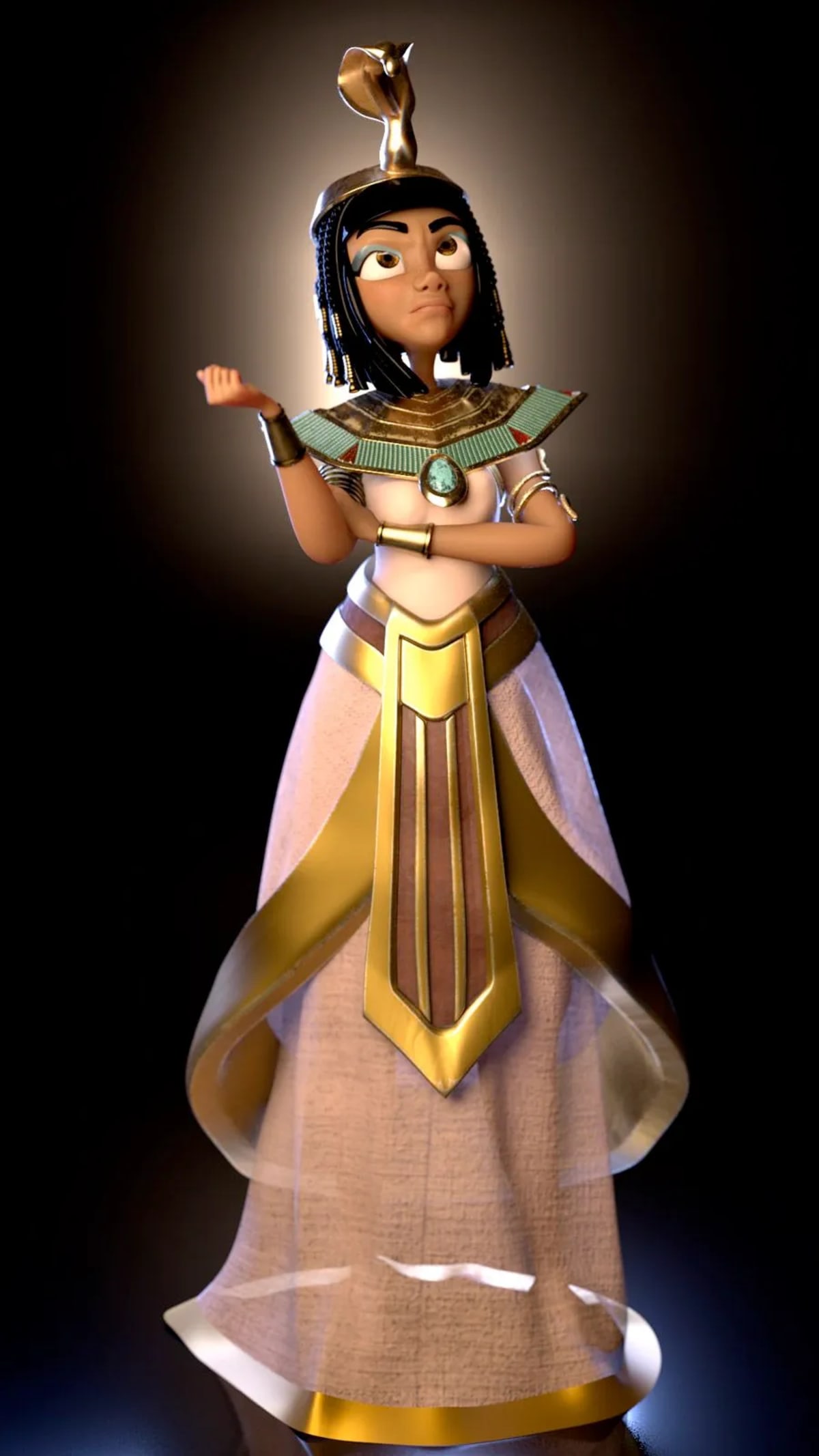 Personaje 3D estilizado de una reina egipcia con tocado de cobra dorada y collar joya, de Claudia Hormaechea, alumna de Concept Art en TRAZOS