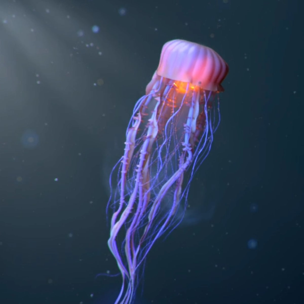 Medusa rosada y luminosa flotando en el fondo marino, de Laszlo De Brabandere, alumno de VFX en TRAZOS