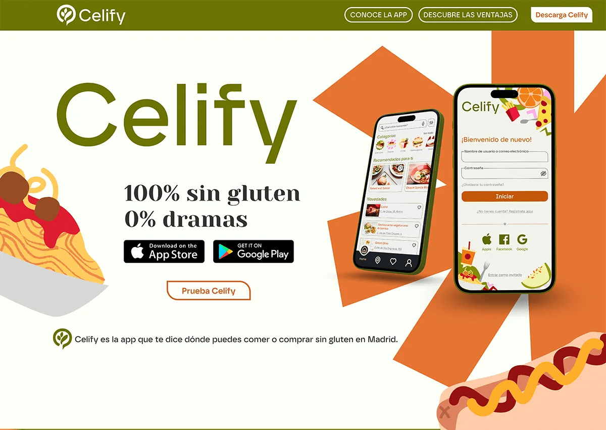 Home de la landing de la app Celify de comida sin gluten, de María Casas Olias, alumna de UX/UI/Web en TRAZOS