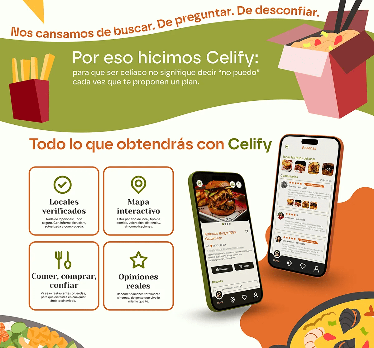 Sección de ventajas y reseñas de la landing de Celify, de María Casas Olias, alumna de UX/UI/Web en TRAZOS