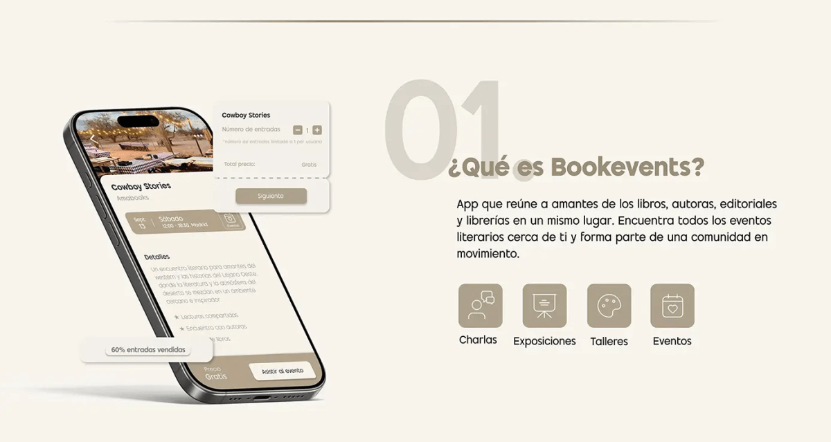 Pantalla 01 que es Bookevents, app para amantes de los libros con detalle de evento en un móvil, de Patricia Serrano, alumna de UX/UI/Web en TRAZOS