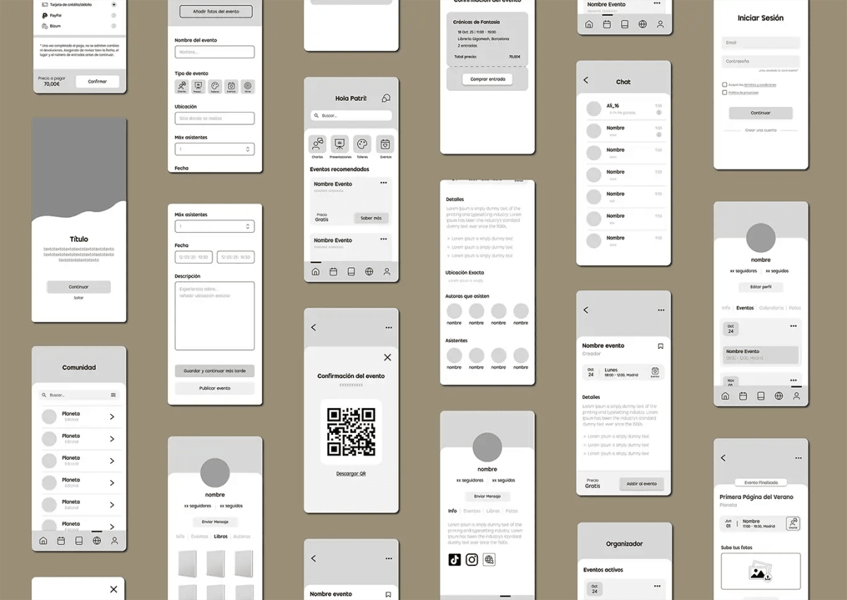 Wireframes en escala de grises de las pantallas de la app Bookevents, de Patricia Serrano, alumna de UX/UI/Web en TRAZOS