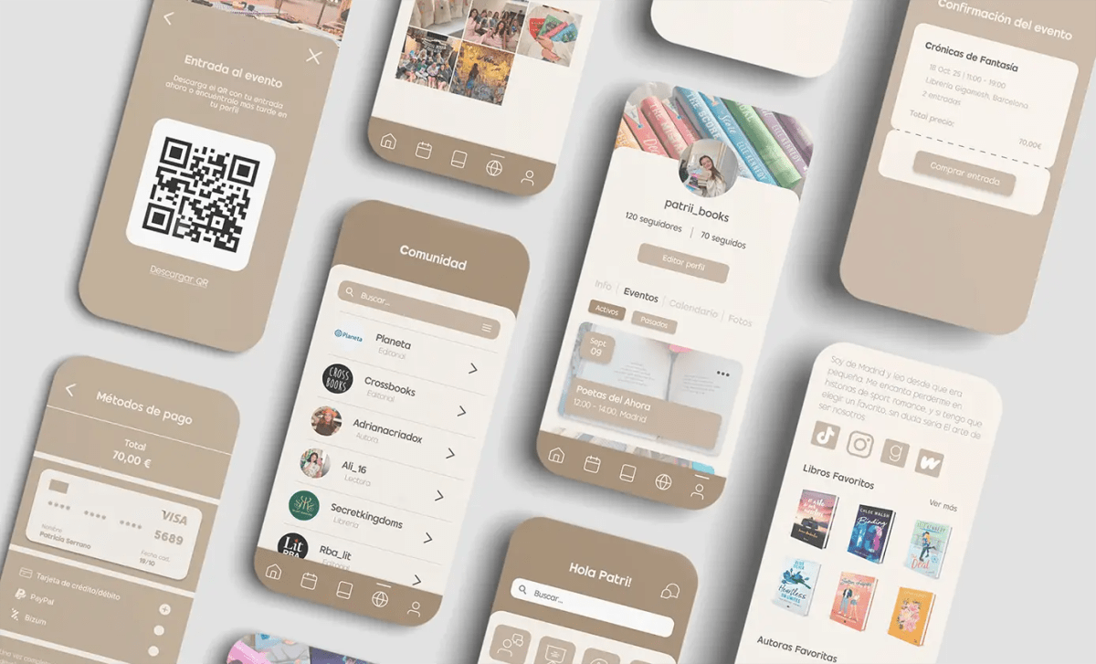 Pantallas de comunidad, perfil de lectora y entrada con QR de la app Bookevents, de Patricia Serrano, alumna de UX/UI/Web en TRAZOS