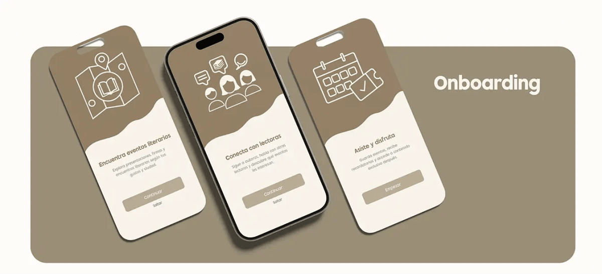 Pantallas de onboarding de Bookevents (encuentra eventos, conecta con lectoras, asiste y disfruta), de Patricia Serrano, alumna de UX/UI/Web en TRAZOS