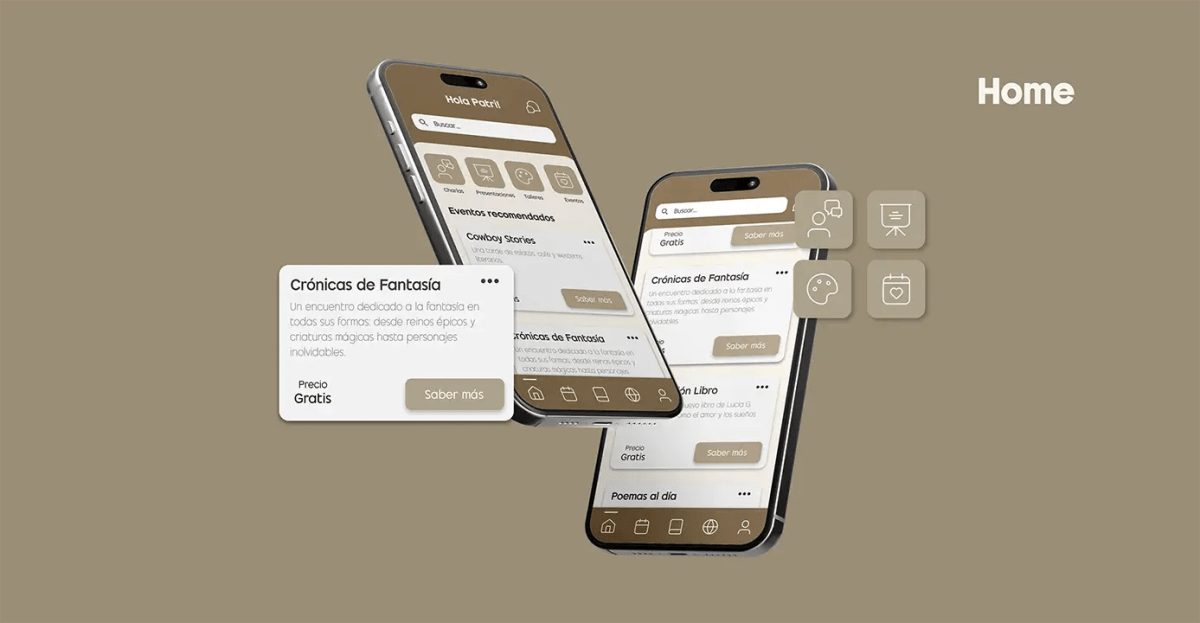 Pantalla home de Bookevents con eventos recomendados y tarjeta de evento Crónicas de Fantasía, de Patricia Serrano, alumna de UX/UI/Web en TRAZOS