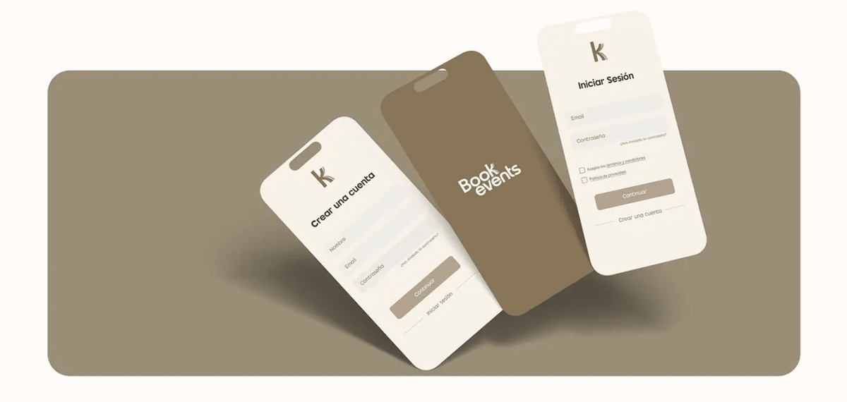 Pantallas de iniciar sesión y crear cuenta de la app Bookevents con el logotipo, de Patricia Serrano, alumna de UX/UI/Web en TRAZOS