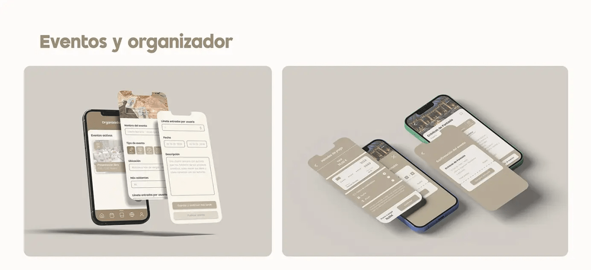 Pantallas de eventos y organizador de Bookevents (crear evento, métodos de pago y confirmación), de Patricia Serrano, alumna de UX/UI/Web en TRAZOS
