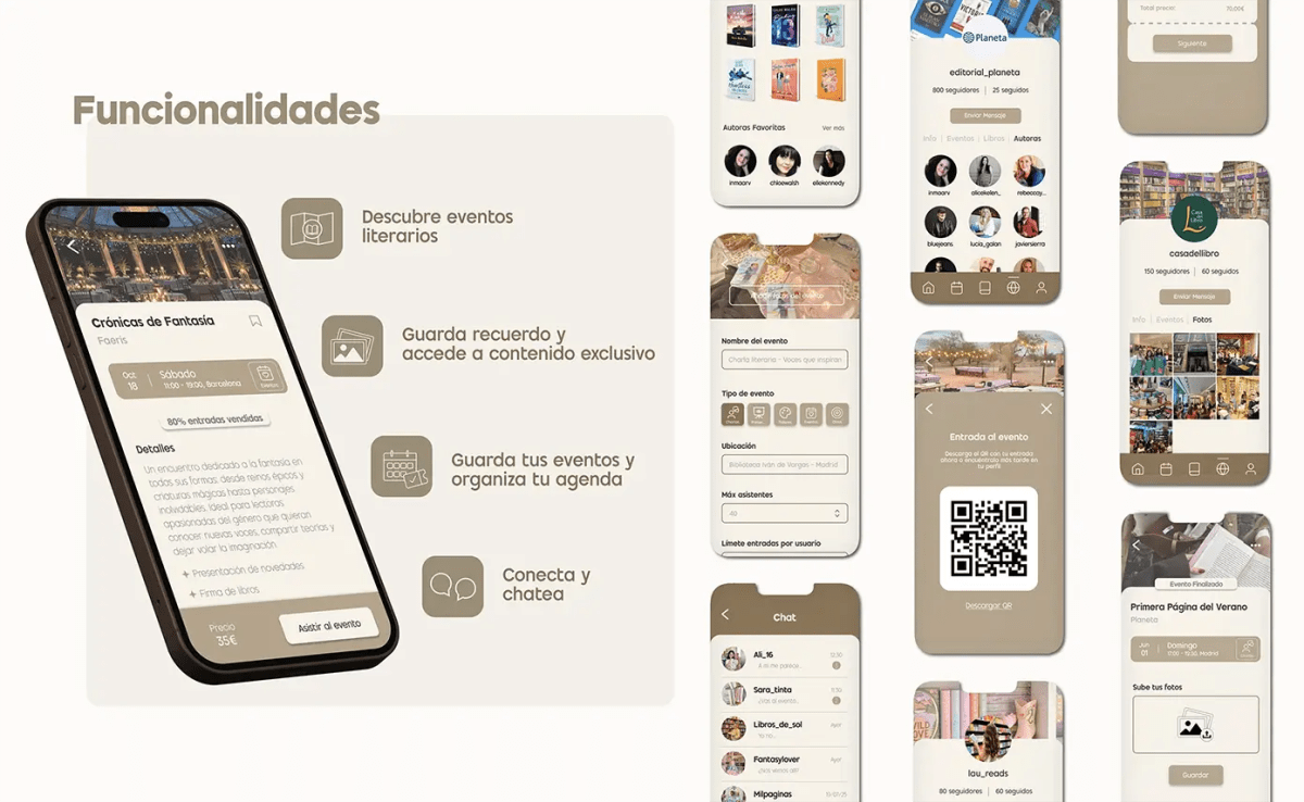 Pantalla de funcionalidades de Bookevents (descubrir eventos, guardar recuerdos, agenda y chat) con galería de pantallas, de Patricia Serrano, alumna de UX/UI/Web en TRAZOS
